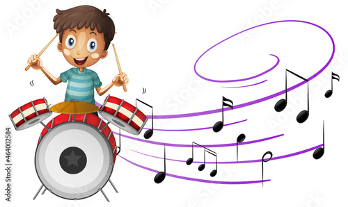 Cartoon character of a boy playing drum with musical melody symbols