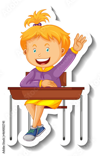 Sticker template with a student girl cartoon character isolated