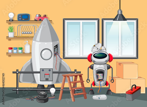 Spaceship and robot in room scene
