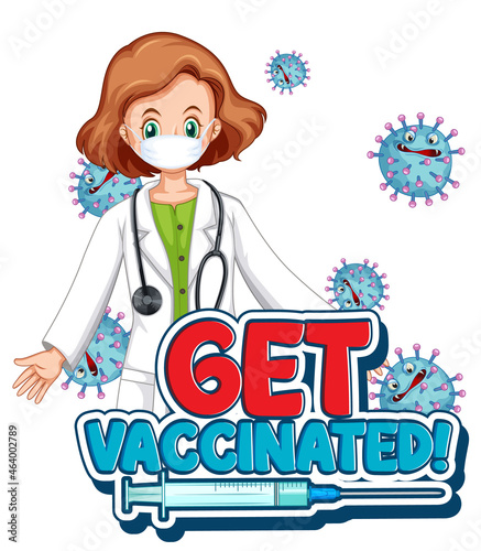 Get Vaccinated font design with a boy wearing medical mask on white background