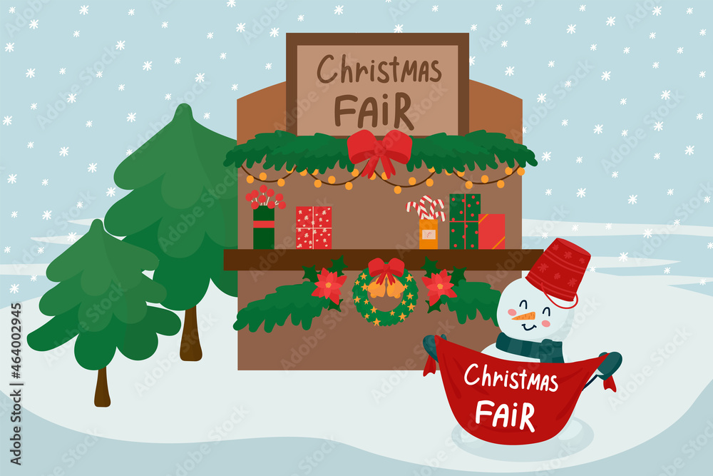 custom made wallpaper toronto digitalChristmas gift fair at a street sale. An illustration with a wooden house, garlands and a wreath. A snowman with a sign Christmas gifts in a circle of snow. Vector illustration