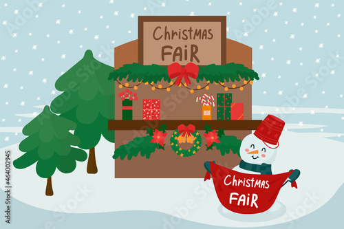 Wallpaper Mural Christmas gift fair at a street sale. An illustration with a wooden house, garlands and a wreath. A snowman with a sign Christmas gifts in a circle of snow. Vector illustration Torontodigital.ca