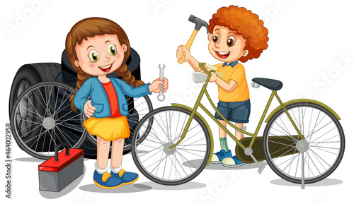 Children repairing bicycle together on white background