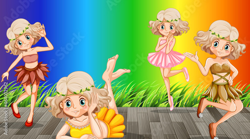 Fairies cartoon character on rainbow gradient background