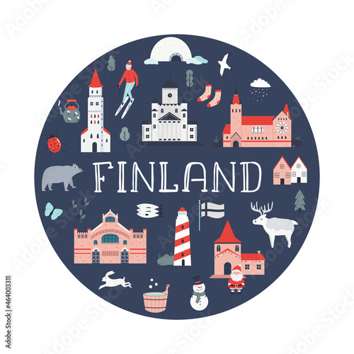 Poster in a modern flat style with famous symbols and landmarks of Finland