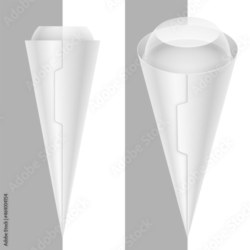 Ice cream cone with domed transparent cover and eyelet. Blank vector realistic packaging template illustration.
