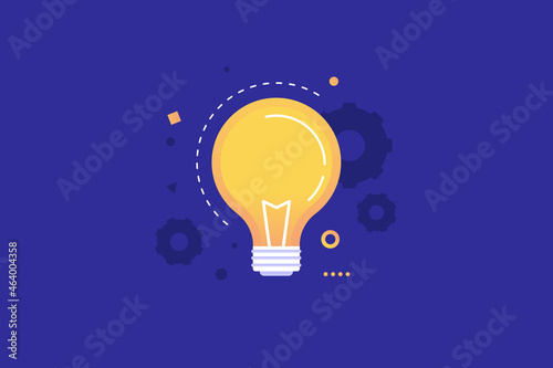 Bright light bulb with working gears shines on a blue background. A symbol of new ideas and inventions. Creative thinking sign. Flat vector illustration.