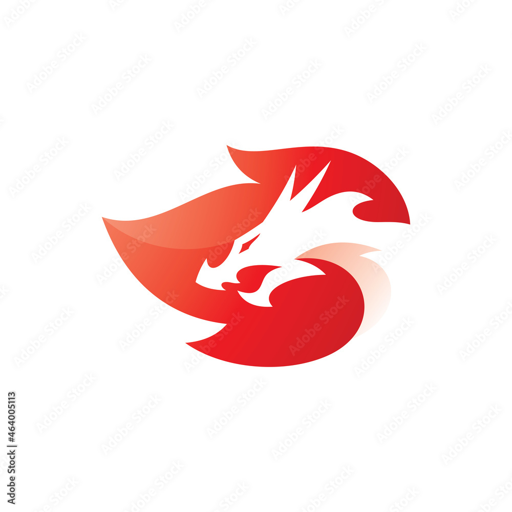 Obraz premium Negative space dragon head and fire, flame logo vector icon with modern gradient style