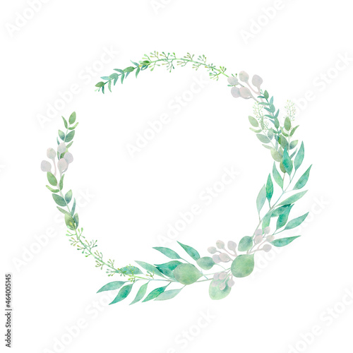 Watercolor botanical wreath with eucalyptus branches and herbs on white background. Hand drawn isolated round frame with eucalyptus trendy greenery for wedding decoration, logo, prints and textile.