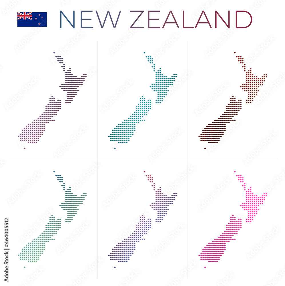 Obraz premium New Zealand dotted map set. Map of New Zealand in dotted style. Borders of the country filled with beautiful smooth gradient circles. Modern vector illustration.