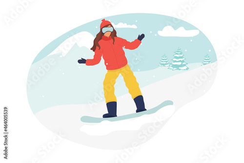 Vector cartoon snowboarder jumping. Young woman or girl on snowboard. flat winter. Flat vector illustration in cartoon style. sport.