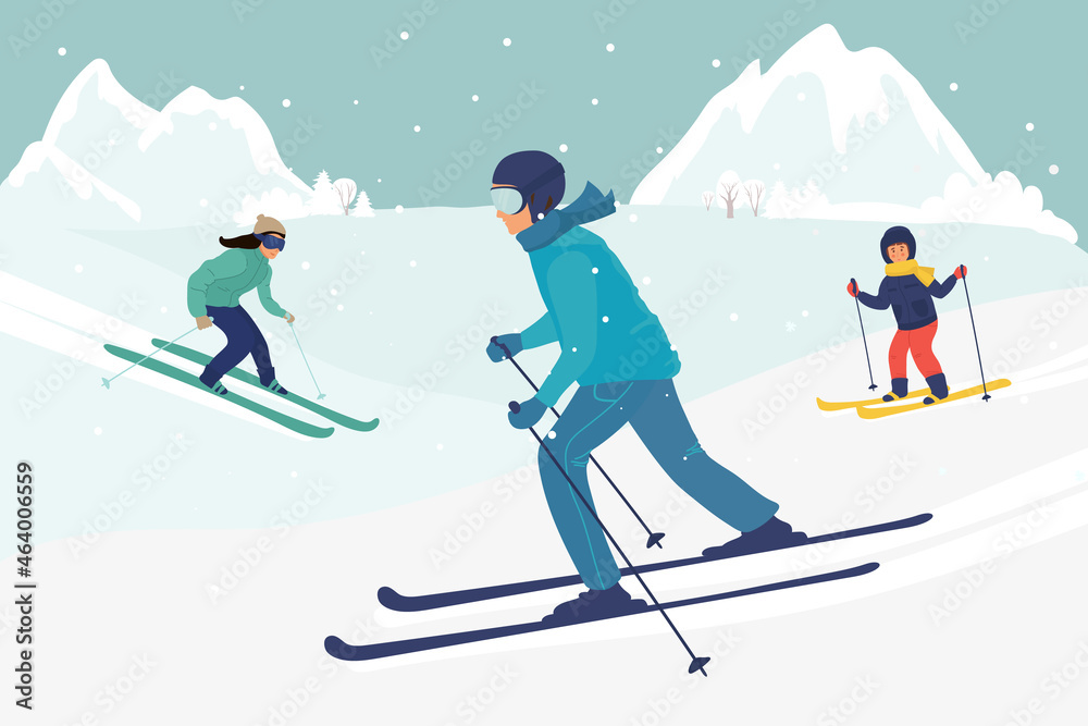 Ski resort cartoon illustration. Skiers set. woman man and little girl skiing. Winter illustration for your design. flat vector