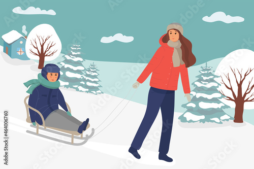 Mother sled with her child. Parent, kid having fun outdoors together. family rest. Winter leisure activity. Cute cartoon characters. flat vector illustration.