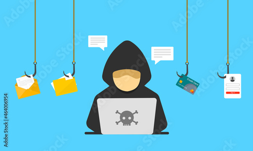 Hacker with laptop stealing personal data