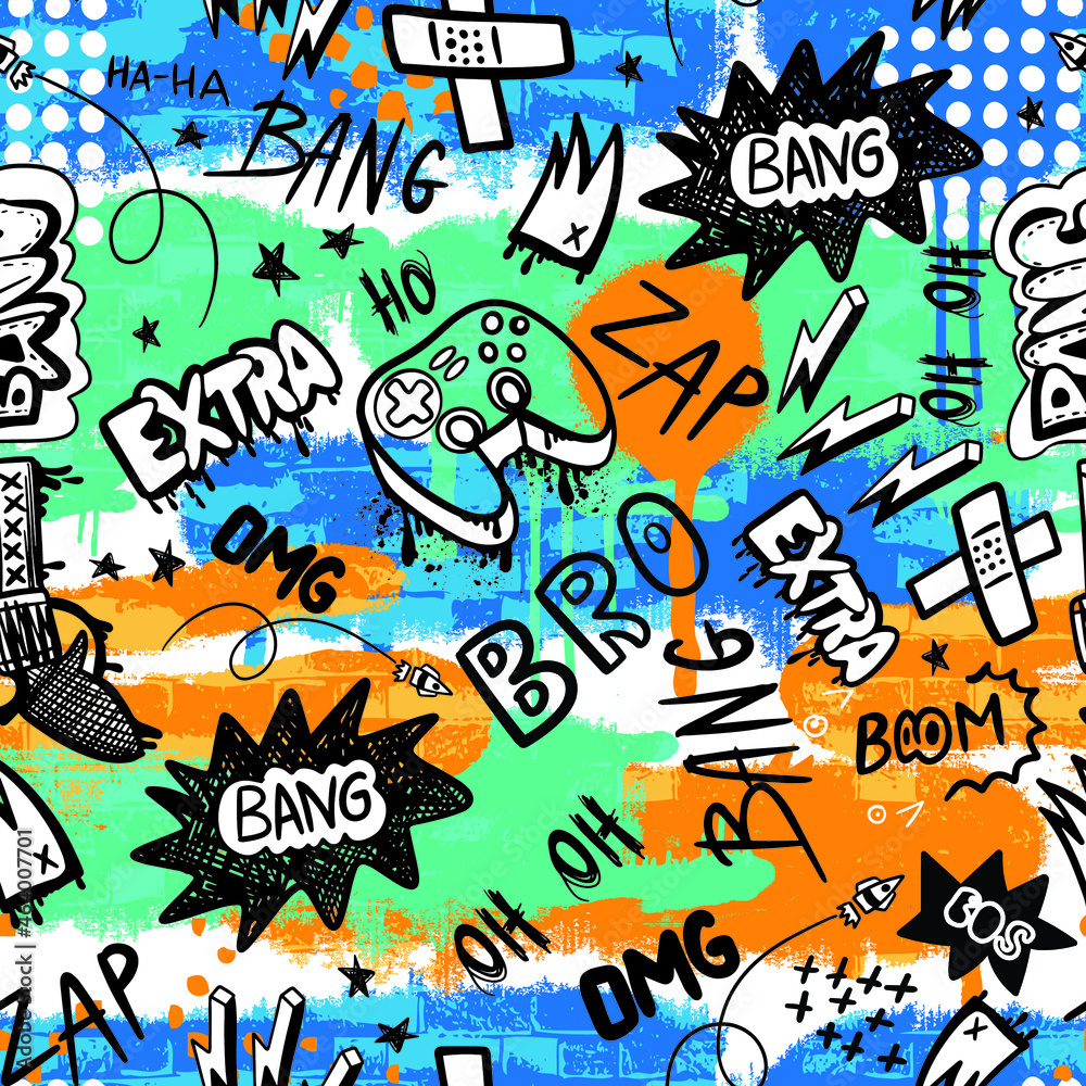 hand drawn pattern for boys. Slogans, graffiti background. For children's textiles, wrapping paper, prints
