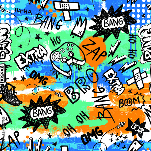 hand drawn pattern for boys. Slogans  graffiti background. For children s textiles  wrapping paper  prints 