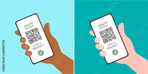 confirmation of vaccination in the phone by white and black hands.