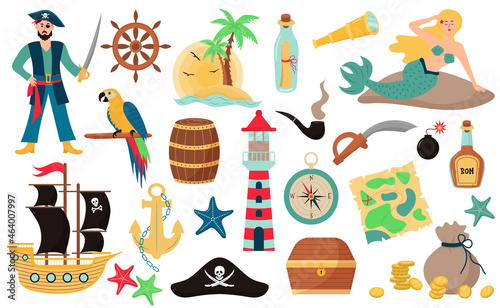 Bundle pirate. Collection of pirate character, spyglass, map, saber, treasure chest, anchor, sail ship, mermaid, lighthouse and other.  Childish vector illustration in flat cartoon style.