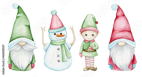 gnomes, elf snowman, watercolor set, heroes, for the Christmas holiday, on an isolated background. photo