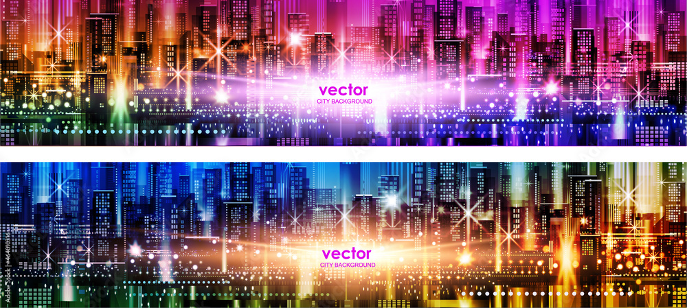 Vector illustration of a panorama of a large night city illuminated by neon lights. Modern buildings and skyscrapers