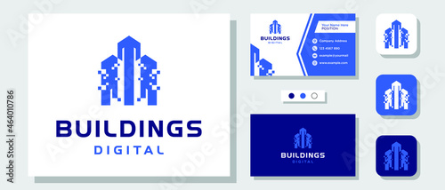 Buildings digital technology apartment real estate city logo design inspiration with Layout Template Business Card