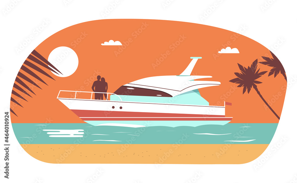 Boat with silhouettes of man and woman on the background of a tropical landscape. Vector illustration.