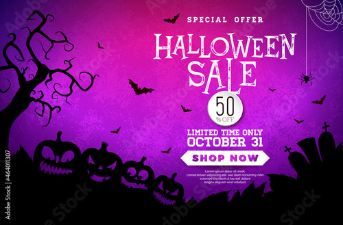 Halloween Sale Banner Illustration with Spooky Pumpkins, Cemetery and Flying Bats on Mystery Violet Background. Vector Holiday Design Template with Typography Lettering for Offer, Coupon, Celebration