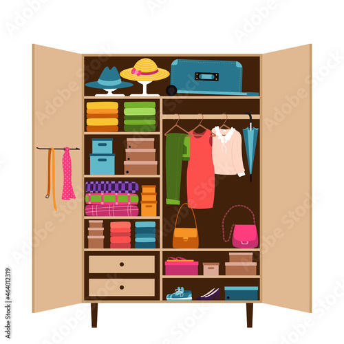 An open wardrobe with clothes neatly laid out on the shelves. Order in the wardrobe. Things in the closet on hangers. Reasonable consumption, cluttering, sorting of clothes. Flat vector illustration