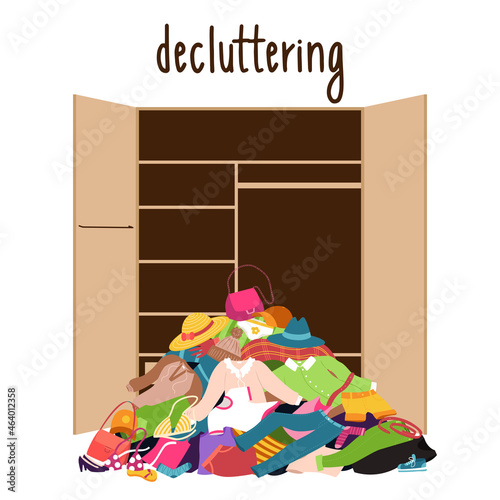 A pile of clothes and shoes lying on the floor in front of an empty wardrobe. A mess, a stack of things dumped out of the closet. Clutter,overconsumption. Vector illustration on white background photo