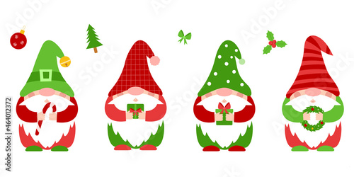 A set of small Christmas dwarfs in red, green clothes and hats, who hold New Year's attributes in their hands.Cute little gnomes, cartoon characters. Color vector illustration in flat style on white.