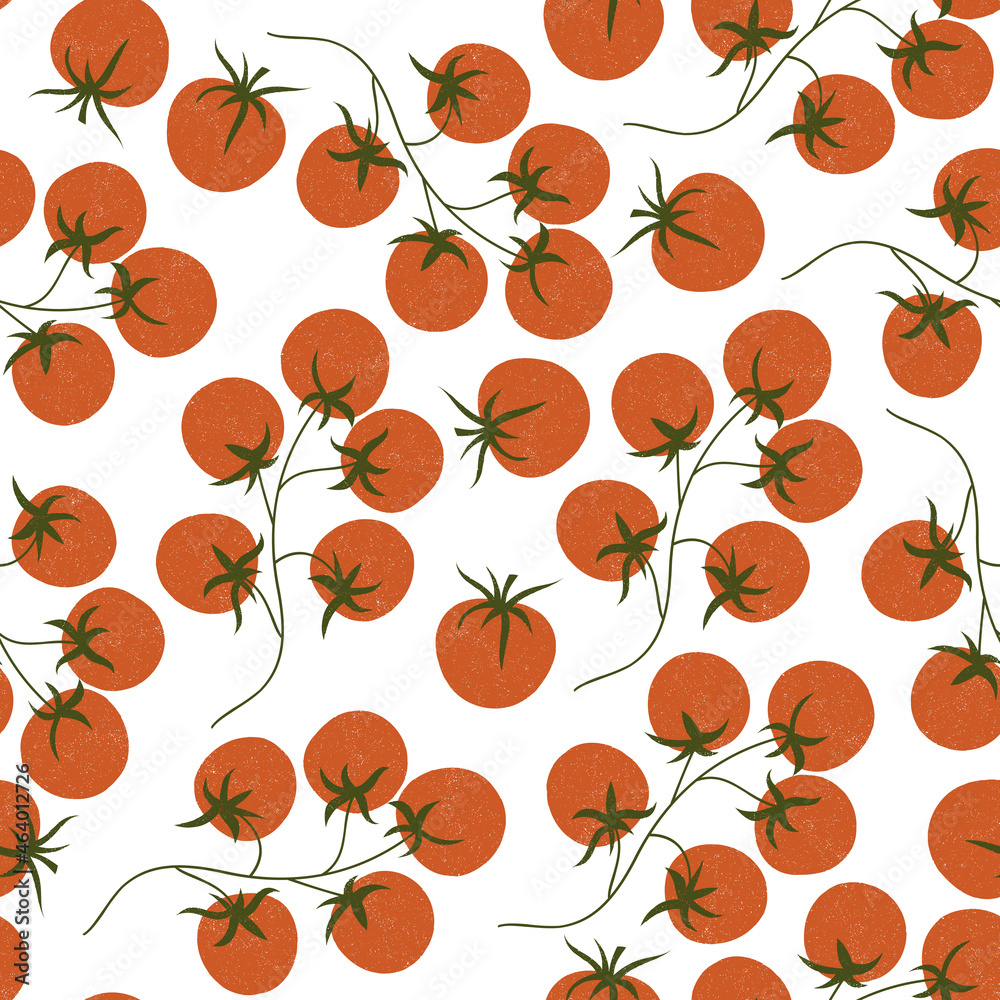 Bunch of cherry tomatoes. Tomatoes seamless pattern. Retro texture. Vector illustration