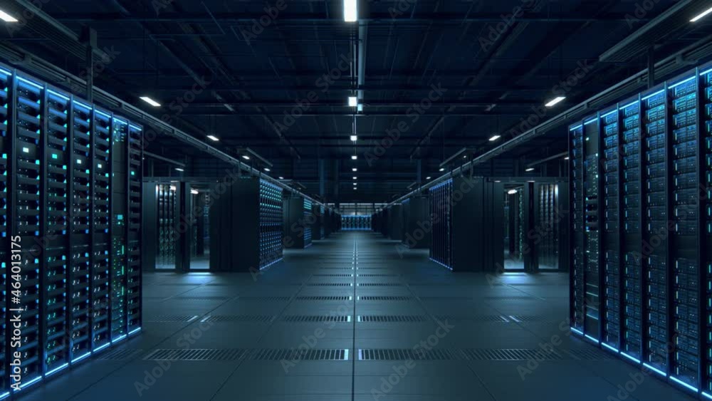 Modern Data Technology Center Server Racks Working in Dark Facility. Concept of Internet of Things, Big Data Protection, Storage, Cryptocurrency Farm, Cloud Computing. 3D Moving Forward Camera Shot.