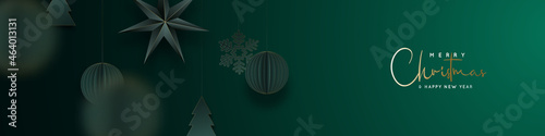 Christmas green banner. Festive background with Green origami paper balls, stars, snowflakes, christmas tree. Xmas balls motion blur effect. New Year vector background, web header, social media banner