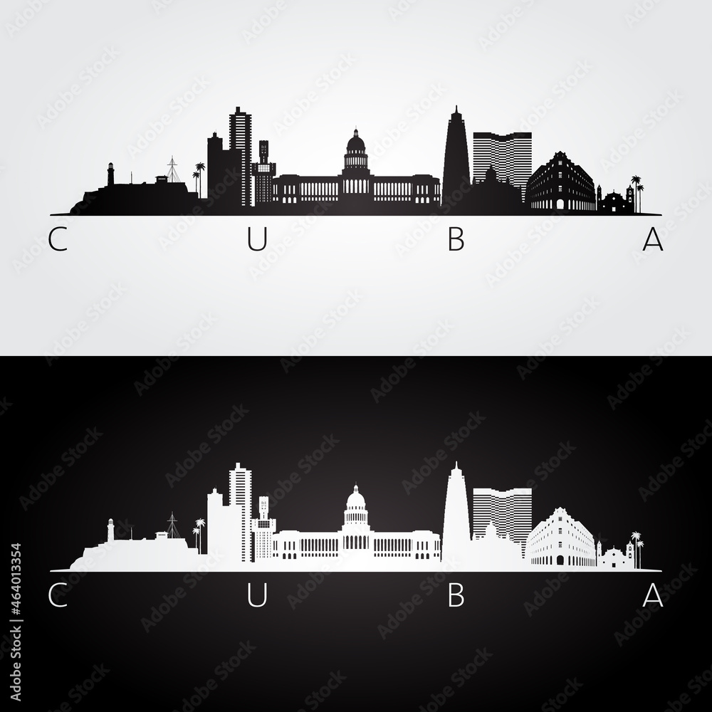 Fototapeta premium Cuba skyline and landmarks silhouette, black and white design, vector illustration.