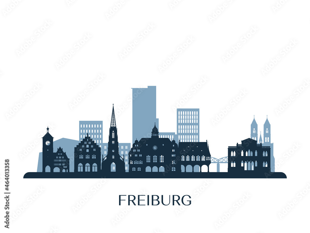 Freiburg skyline, monochrome silhouette. Vector illustration.