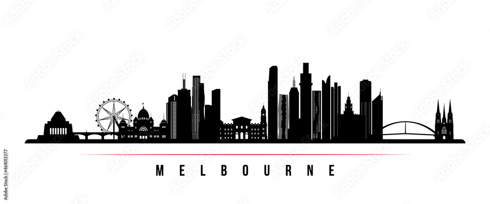 Naklejka premium Melbourne skyline horizontal banner. Black and white silhouette of Melbourne, Australia. Vector template for your design.