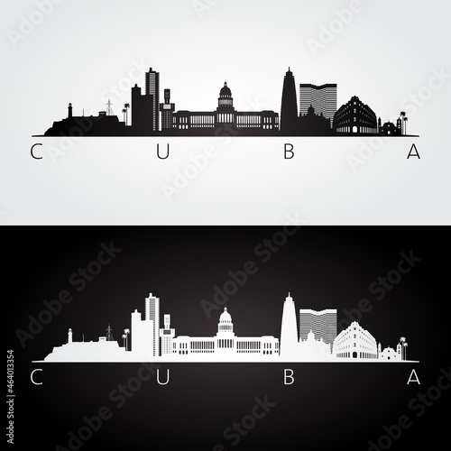Cuba skyline and landmarks silhouette, black and white design, vector illustration.