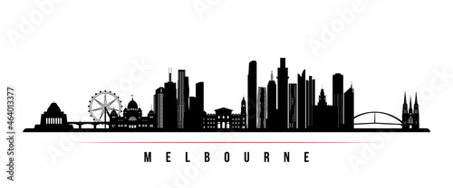 Melbourne skyline horizontal banner. Black and white silhouette of Melbourne, Australia. Vector template for your design.