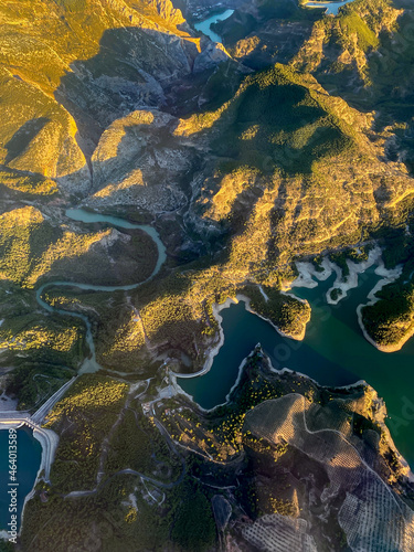 Aerial view from an airplane of some reservoirs and swamps in Malaga, Spain