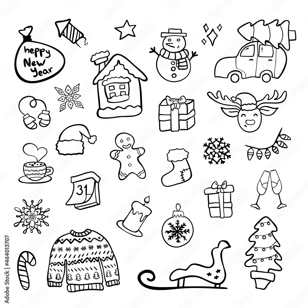 New Year 2022. a set of Christmas items in the style of doodle line