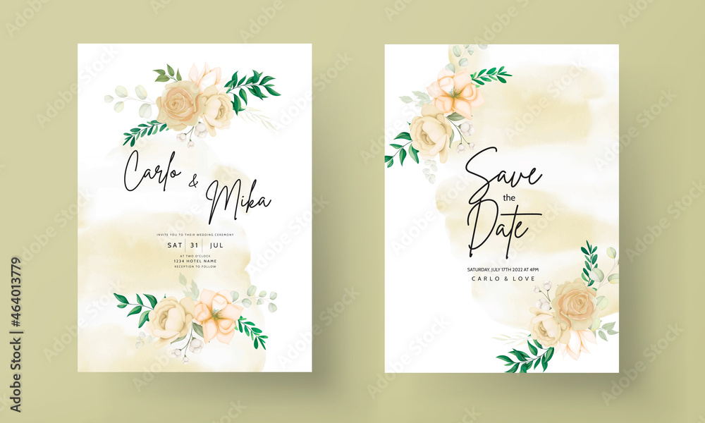 beautiful hand drawing soft floral wedding invitation set template