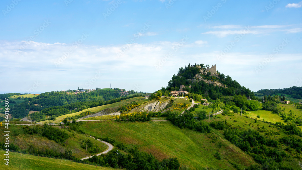 Rural landscape near San Polo and Canossa, Emilia-Romagna. Castle