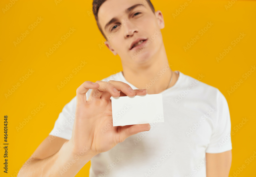 man in white t-shirt business card manager personal data copy space man in white t-shirt business card manager personal data copy space