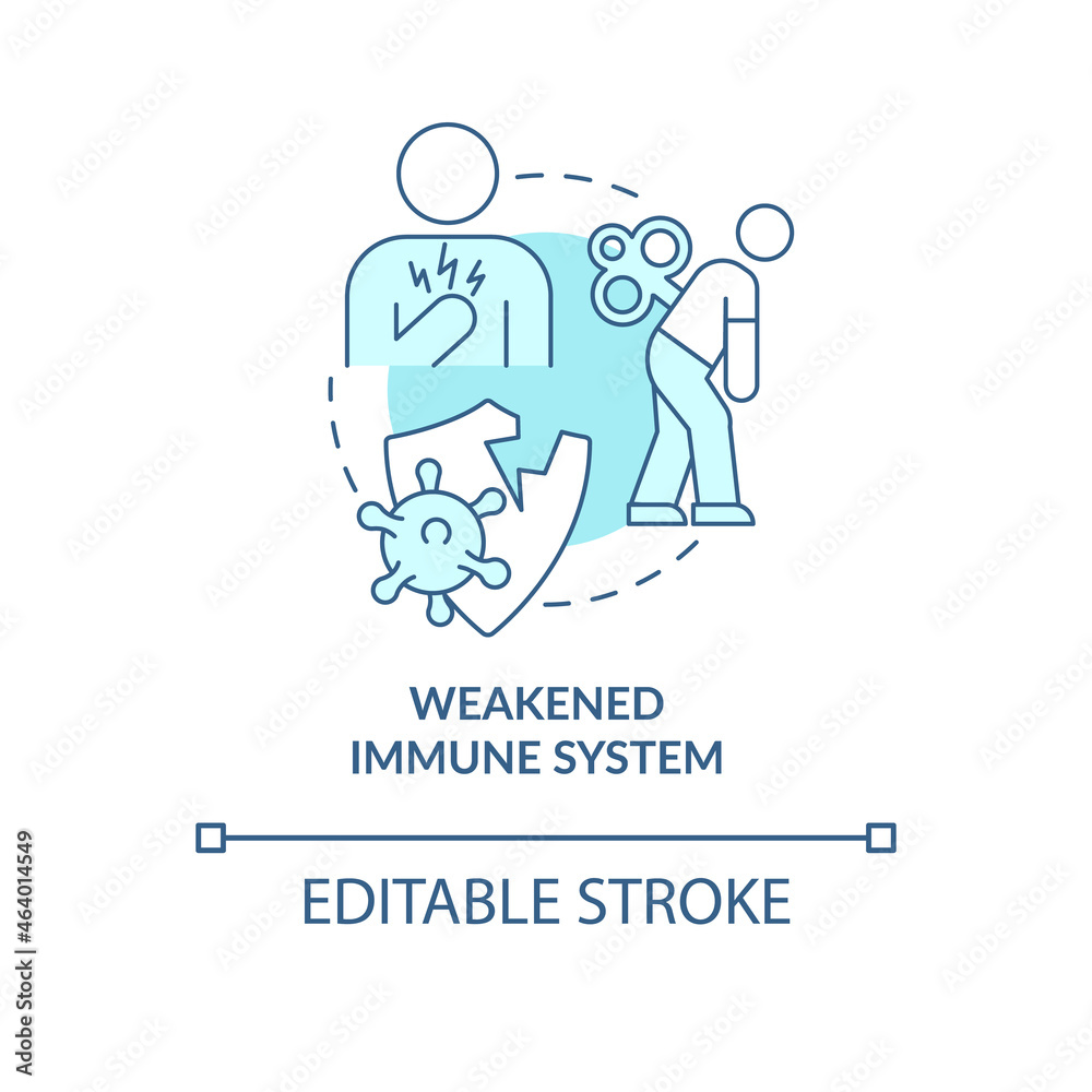 Weakened immune system blue concept icon. Pneumonia risk factor abstract idea thin line illustration. Acquired immune deficiency. Vector isolated outline color drawing. Editable stroke
