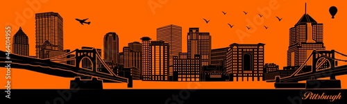Vector city skyline silhouette - illustration, 
Town in orange background, 
Pittsburgh Pennsylvania photo