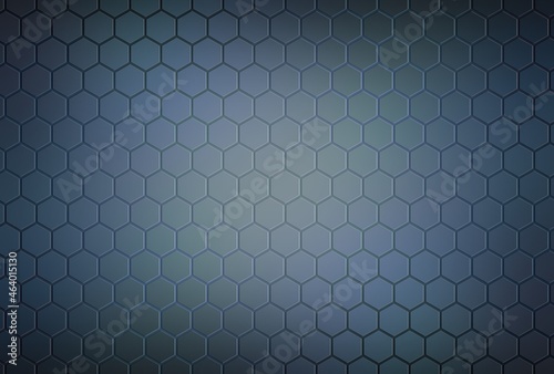 Dark hexagonal mosaic empty wall geometric pattern. Textured background black color with blue sheen.