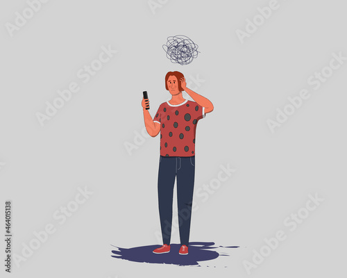 A man with a smartphone is holding his head, Stressed man vector illustration.