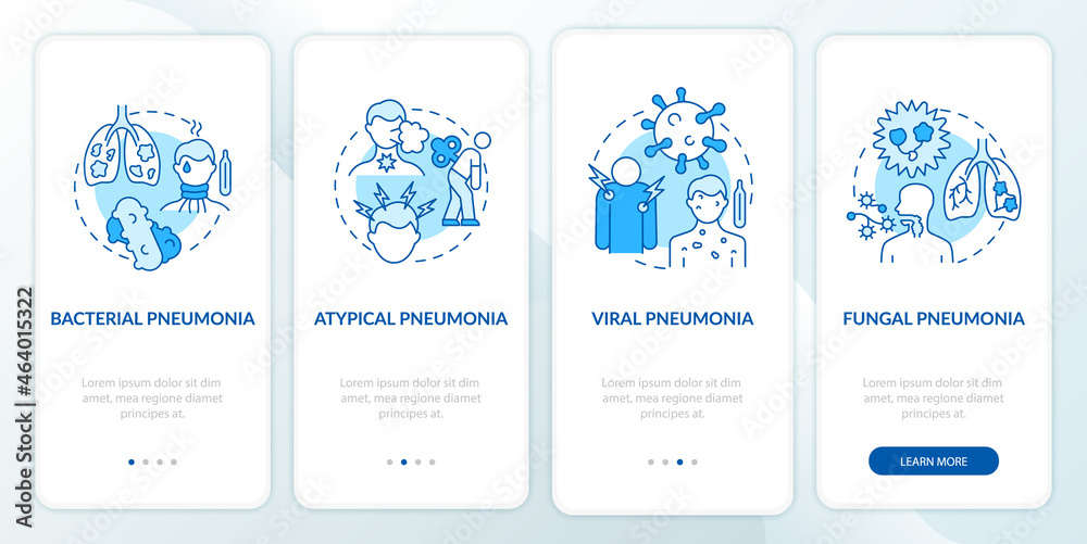Pneumonia classification onboarding mobile app page screen. Bacteria and virus walkthrough 4 steps graphic instructions with concepts. UI, UX, GUI vector template with linear color illustrations