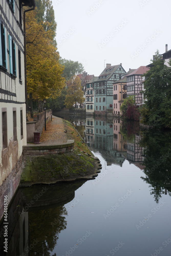 view of autumnal trees in border the Il river at the little france quarter in Strasbourg