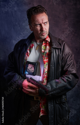 Undercover cop on a dark background, a policeman at work, tough detective, fake badge